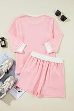 Load image into Gallery viewer, Pink Corded Colorblock Long Sleeve Top and Shorts Set
