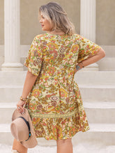 Load image into Gallery viewer, Plus Size Printed Tie Neck Short Sleeve Mini Dress
