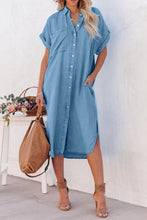 Load image into Gallery viewer, Slit Button Up Short Sleeve Imitation Denim Dress
