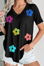 Load image into Gallery viewer, Sequin Flower V-Neck Short Sleeve T-Shirt
