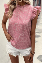 Load image into Gallery viewer, Pink Polka Dots Ruffle Flutter Sleeve Frilled Neck Blouse
