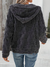 Load image into Gallery viewer, Checkered Texture Zip Up Drawstring Fuzzy Jacket
