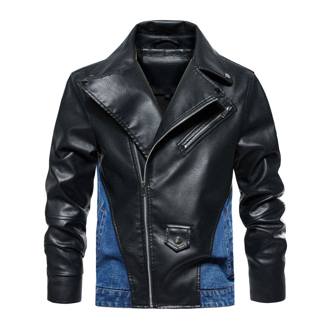 Men's Patchwork Diagonal Zipper Collared Denim Jacket