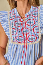 Load image into Gallery viewer, Sky Blue Stripe Geo Pattern Embroidered Tassel Flutter Blouse
