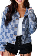 Load image into Gallery viewer, Light Blue Checkered Patchwork Button up Denim Jacket
