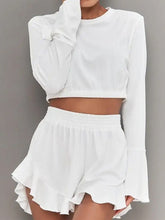 Load image into Gallery viewer, Round Neck Long Sleeve Top and Ruffled Shorts Set
