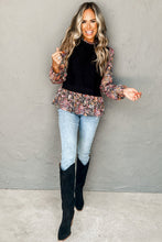 Load image into Gallery viewer, Black Contrast Floral Sleeve Peplum Sweater
