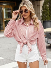 Load image into Gallery viewer, Pocketed Striped Collared Neck Long Sleeve Shirt
