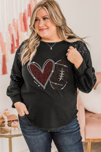 Load image into Gallery viewer, Black Rhinestone Heart Rugby Football Pattern Sequin Patched Sleeve Plus Size Top
