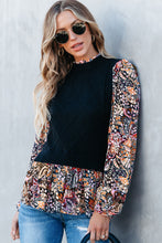 Load image into Gallery viewer, Black Contrast Floral Sleeve Peplum Sweater
