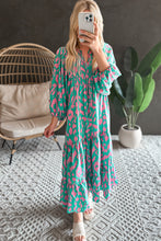 Load image into Gallery viewer, Green Abstract Print Puff Sleeve Tied Notched Neck Long Dress
