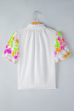 Load image into Gallery viewer, Sequin Flower Mock Neck Half Sleeve Blouse
