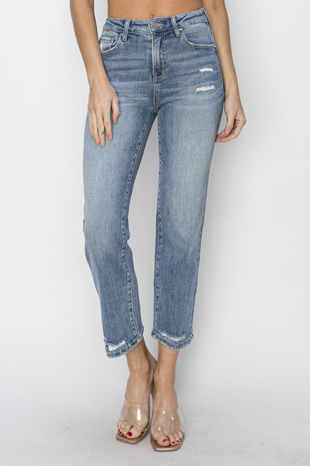 RISEN High Waist Distressed Cropped Jeans