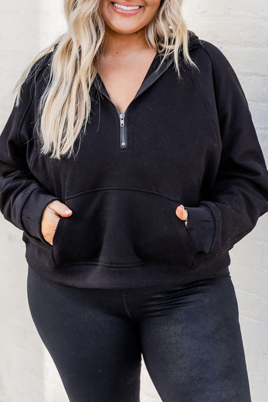 Womens Plus Size - Black - Half Zipper Kangaroo Pocket Hoodie