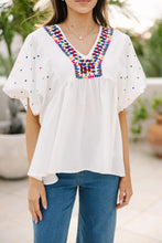 Load image into Gallery viewer, White Embroidered Puff Sleeve V Neck Blouse
