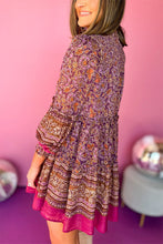 Load image into Gallery viewer, Purple Floral Smocked Puff Sleeve High Neck Mini Dress
