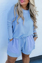 Load image into Gallery viewer, Light Blue Plus Size Ribbed Long Sleeve Top and Drawstring Shorts Set
