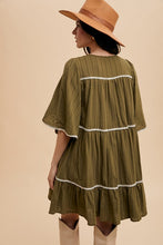 Load image into Gallery viewer, Annie Wear Tassel Contrast Trim Tie Neck Half Sleeve Tiered Dress
