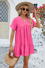 Load image into Gallery viewer, Ruched Tiered V-Neck Short Sleeve Mini Dress
