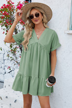 Load image into Gallery viewer, Ruched Tiered V-Neck Short Sleeve Mini Dress
