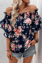 Load image into Gallery viewer, Blue Ruffle Off Shoulder Flounce Sleeve Floral Blouse
