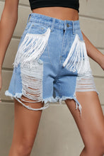 Load image into Gallery viewer, Fringe Trim Distressed Denim Shorts with Pockets
