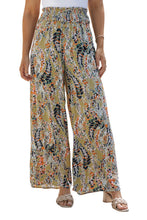 Load image into Gallery viewer, Multicolor Floral Print Shirred High Waist Wide Leg Casual Pants
