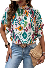 Load image into Gallery viewer, Multicolor Western Print High Neck Bat Sleeve Blouse
