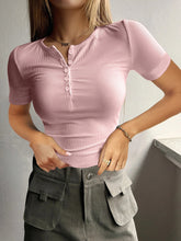 Load image into Gallery viewer, Round Neck Quarter Button Short Sleeve Top
