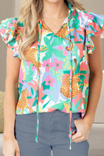 Load image into Gallery viewer, Ruffled Printed Tie Neck Cap Sleeve Blouse
