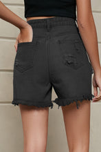 Load image into Gallery viewer, Fringe Trim Distressed Denim Shorts with Pockets
