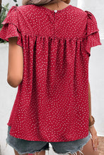 Load image into Gallery viewer, Fiery Red Dotted Ruffle Sleeve Crew Neck Ruched Blouse
