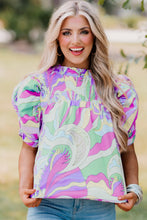 Load image into Gallery viewer, Green Abstract Print Bubble Sleeve Smock Detail Blouse
