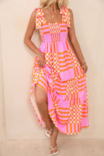 Load image into Gallery viewer, Pink Boho Gingham Tied Straps Smocked Maxi Dress
