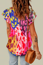 Load image into Gallery viewer, Ruffled Printed Tie Neck Cap Sleeve Blouse
