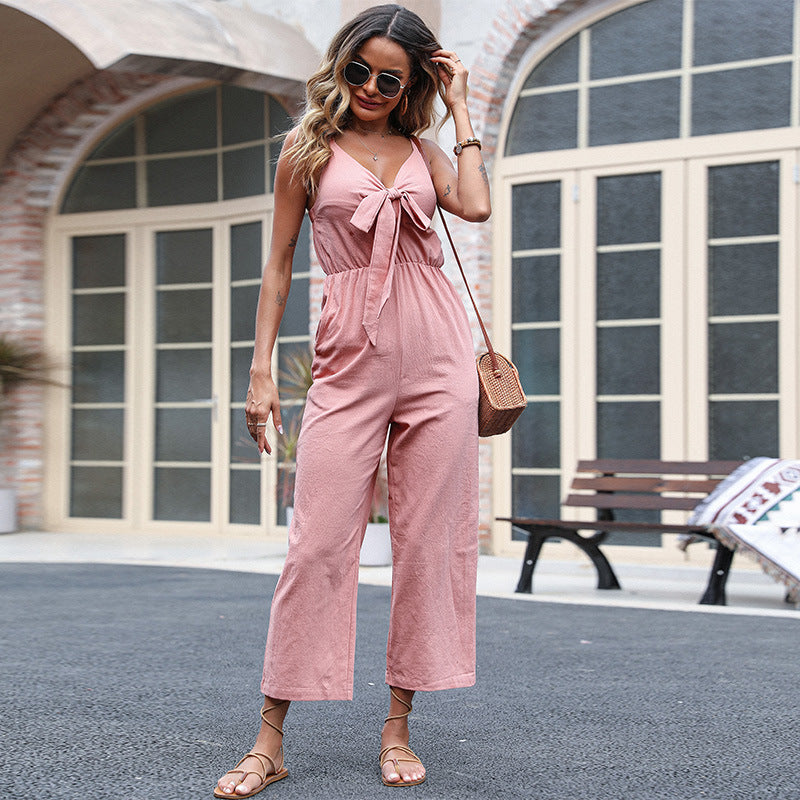 Womens - Cotton And Linen Knotted Wide Leg Jumpsuit