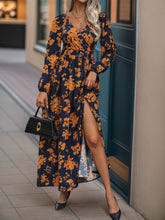 Load image into Gallery viewer, Split Printed Surplice Long Sleeve Midi Dress
