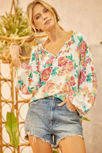 Load image into Gallery viewer, White Notch V Neck Floral Pleated Puff Sleeve Blouse
