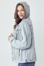 Load image into Gallery viewer, RISEN Full Size Distressed Drawstring Hooded Denim Jacket
