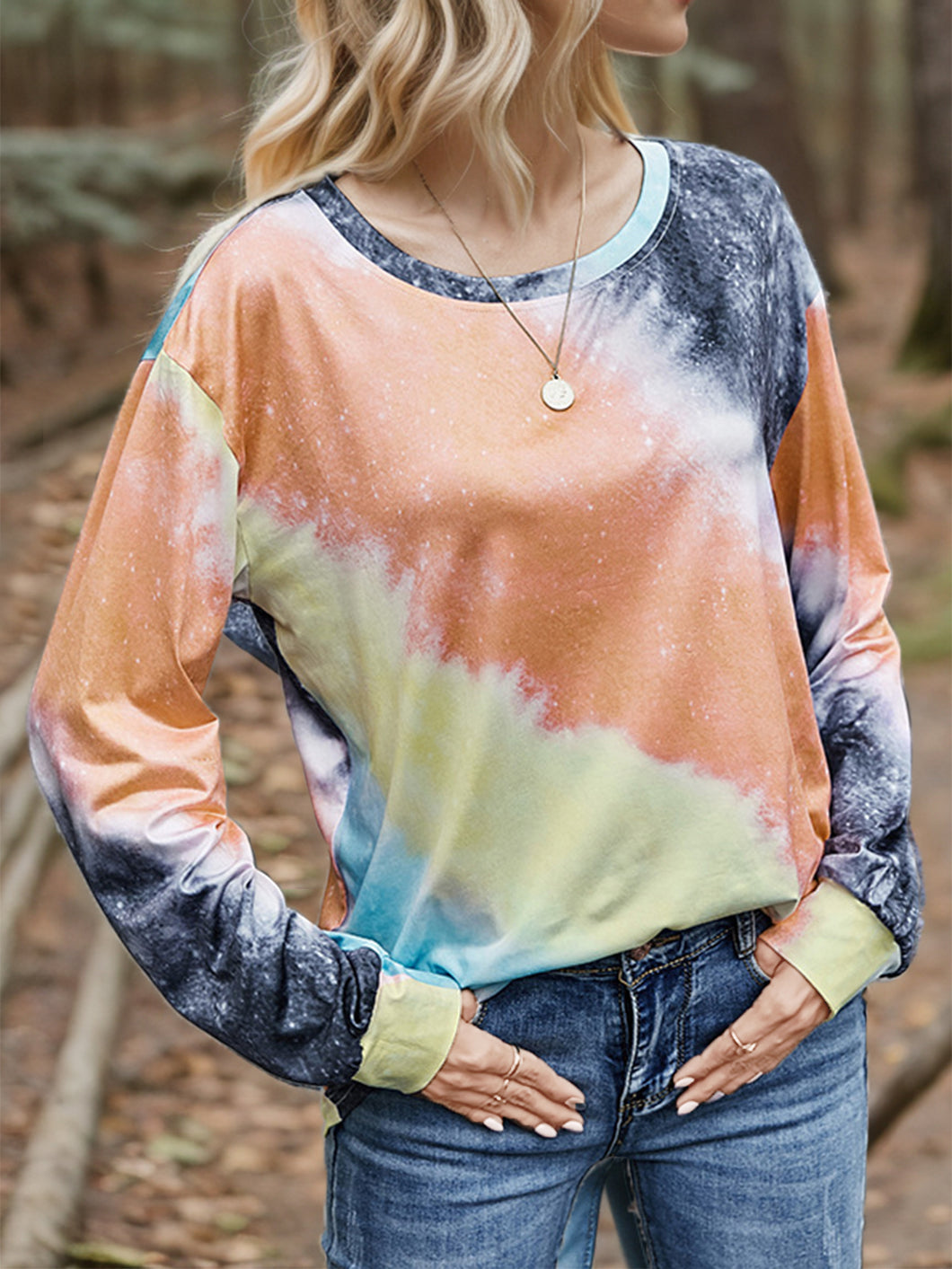 Shiny Printed Round Neck Long Sleeve T-Shirt