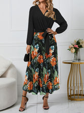 Load image into Gallery viewer, Pleated Printed Surplice Long Sleeve Dress
