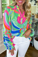 Load image into Gallery viewer, Green Abstract Print Ruffled Sleeve Buttoned V Neck Blouse
