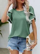 Load image into Gallery viewer, Pom-Pom Trim Flutter Sleeve Round Neck T-Shirt
