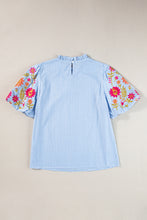 Load image into Gallery viewer, Light Blue Gingham Floral Embroidered Puff Sleeve Blouse
