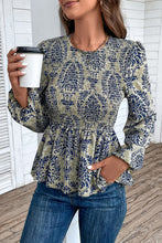 Load image into Gallery viewer, Sky Blue Boho Printed Balloon Sleeve Smocked Peplum Blouse
