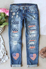 Load image into Gallery viewer, Sky Blue Heart-shape American Flag Patch Frayed Jeans
