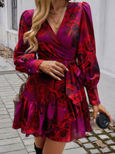 Load image into Gallery viewer, Devine Ruffled Printed Surplice Long Sleeve Mini Dress
