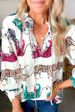 Load image into Gallery viewer, White Colorful Tiger Print Ruffled Lantern Sleeve Blouse
