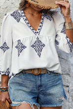 Load image into Gallery viewer, White Boho Geometric Print V Neck Bracelet Sleeve Plus Size Blouse
