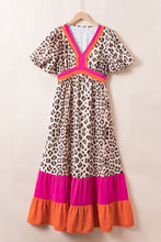 Load image into Gallery viewer, Bright Pink Leopard Colorblock Patchwork Bubble Sleeve Maxi Dress
